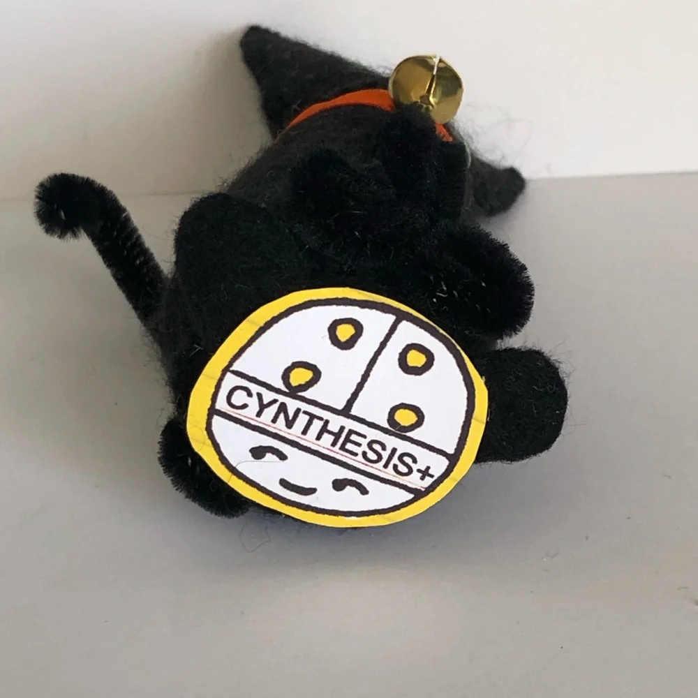 Black Cat Felt art doll hand-sewn handmade Orange ribbon bell